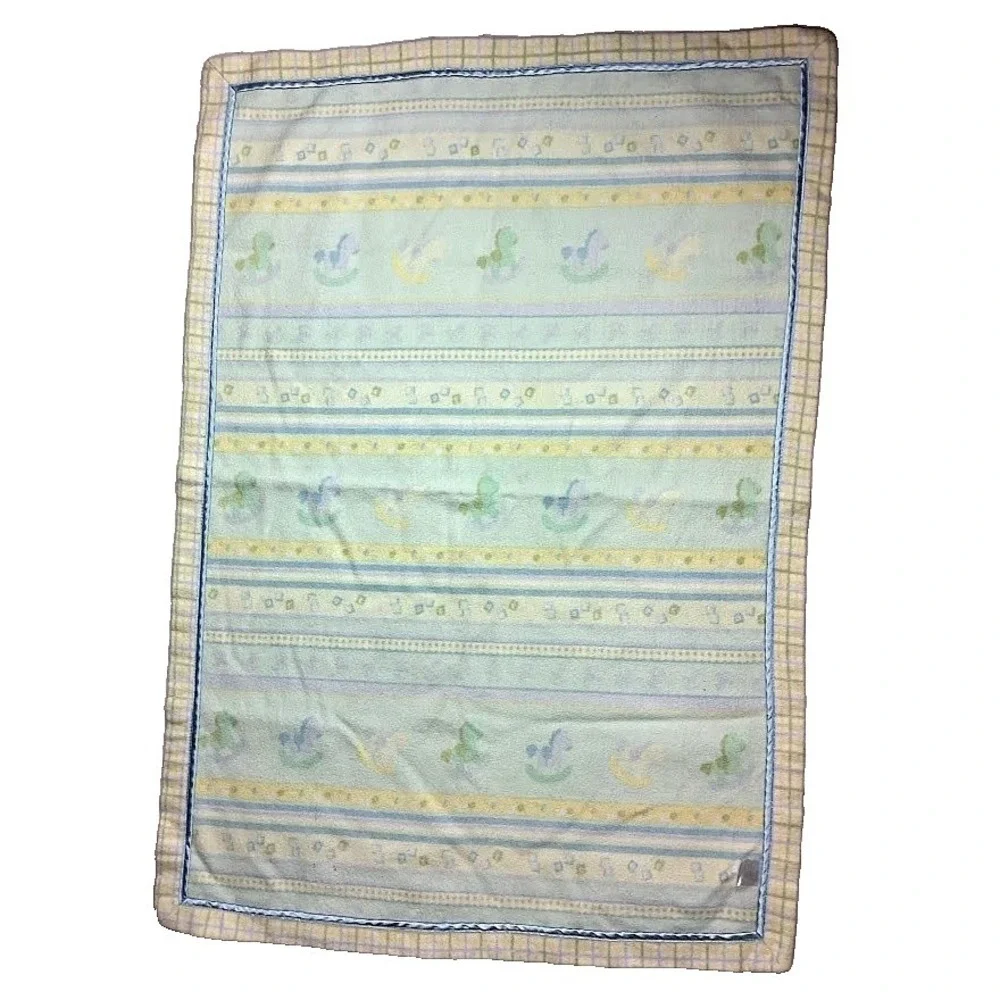 Wamsutta Baby Blue Green Yellow Rocking Horse Blanket Soft Thin Satin Stripes
